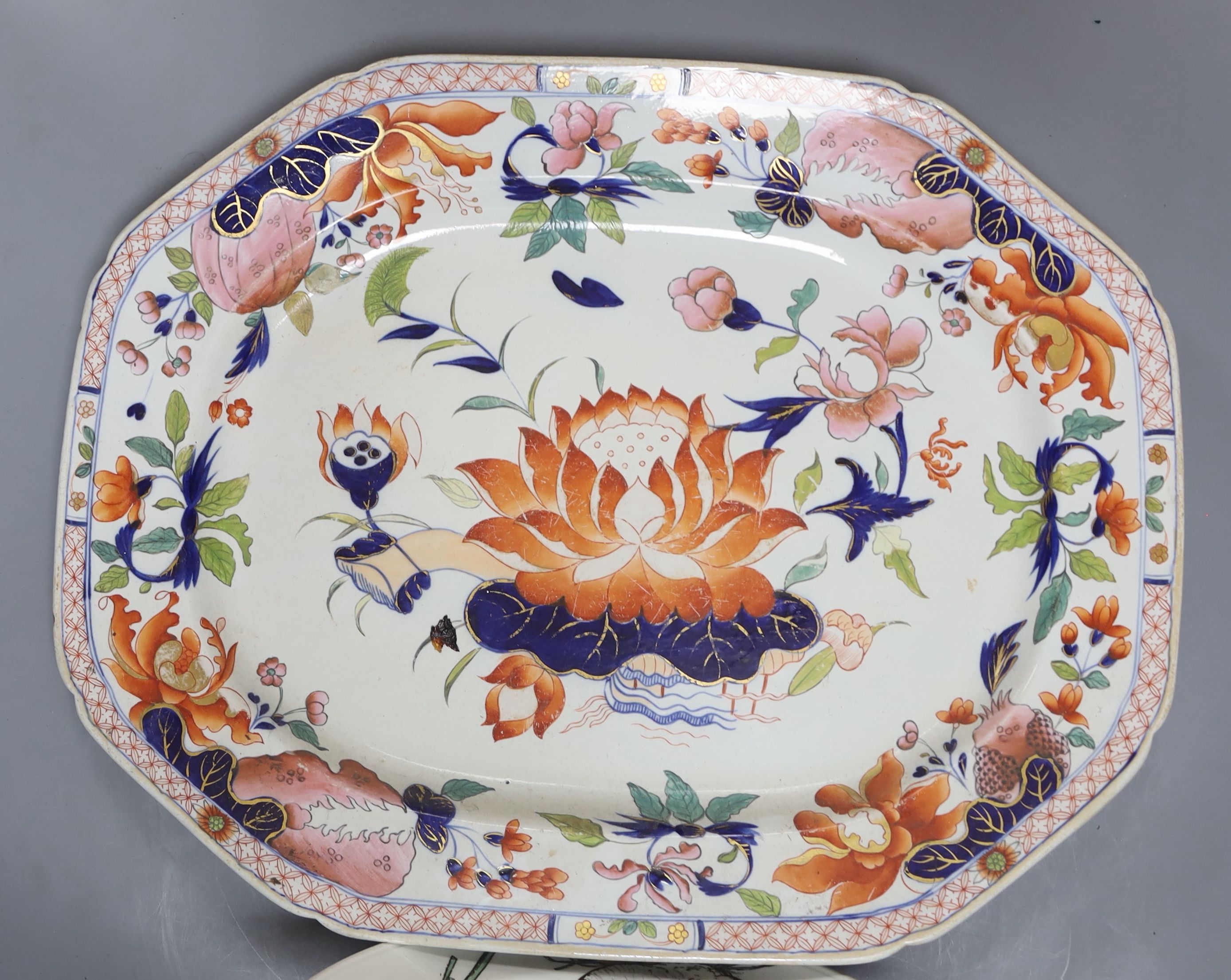 A Masons patent ironstone Imari pattern meat dish, 47cm, four plates and a Minton WS Coleman duck plate